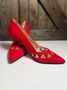 Marc Fisher Red Suede Pointed Pumps with Geometric Mesh Insets